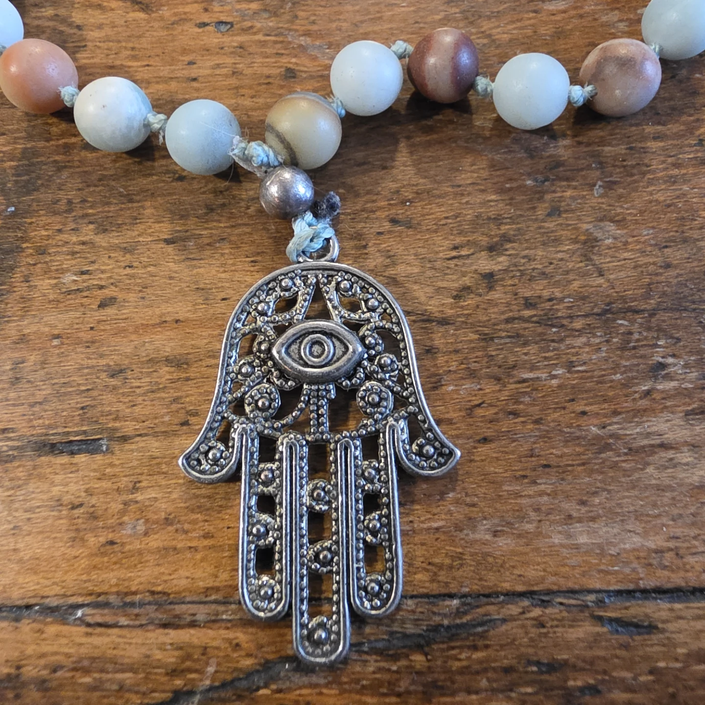 Amazonite & Clear Quartz Hamsa Hand Mala Beads Necklace - photo 3