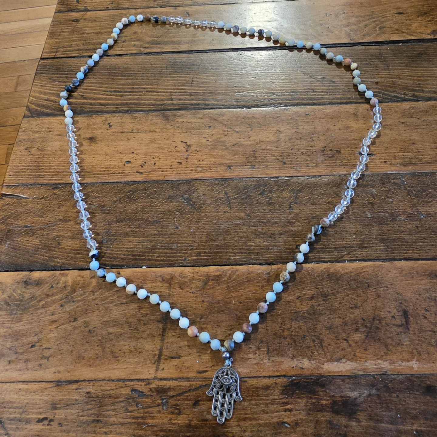 Amazonite & Clear Quartz Hamsa Hand Mala Beads Necklace - photo 4