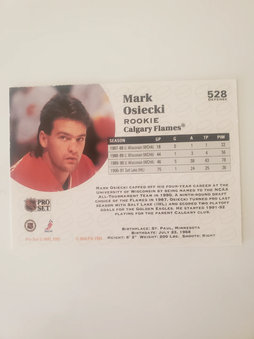 Pro Set Mark Osiecki Rookie Hockey Card - photo 2