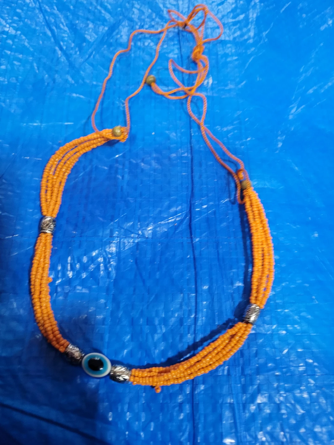Orange Beaded Necklace with Evil Eye Charm