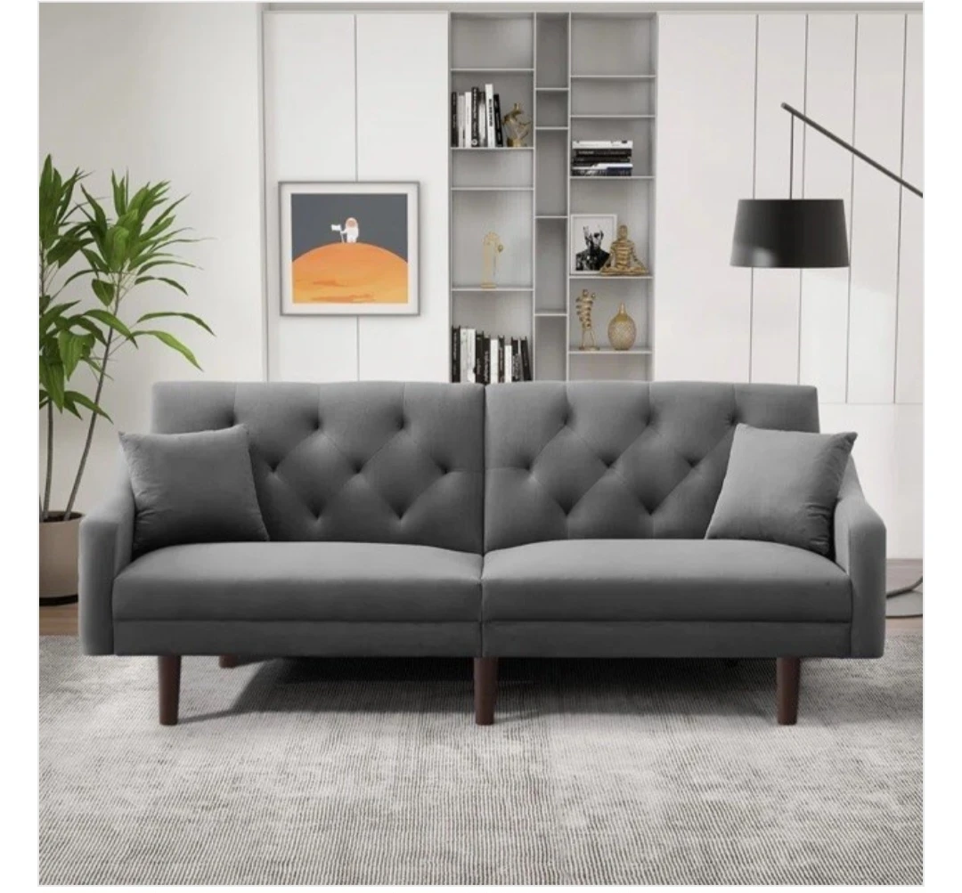 Grey Velvet Tufted Sofa with Pillows
