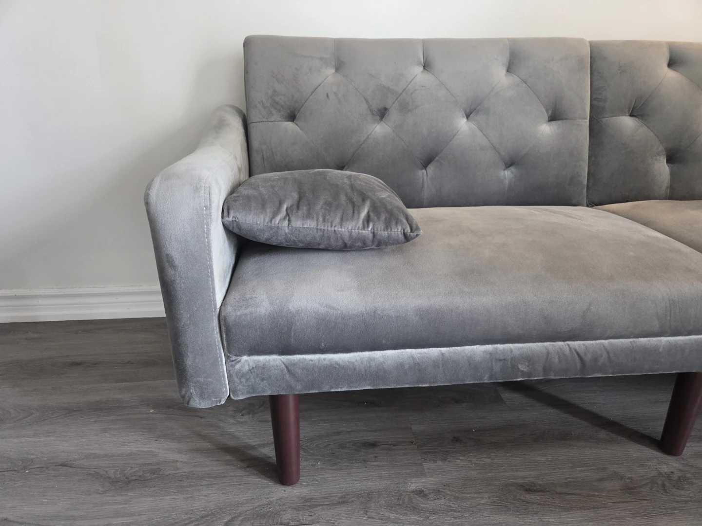 Grey Velvet Tufted Sofa with Pillows - photo 3