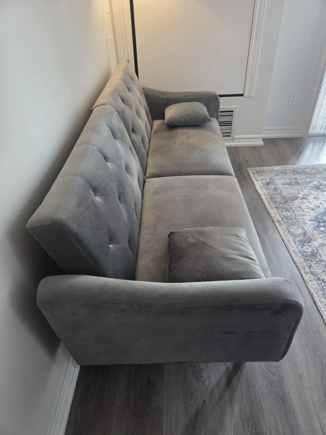 Grey Velvet Tufted Sofa with Pillows - photo 4