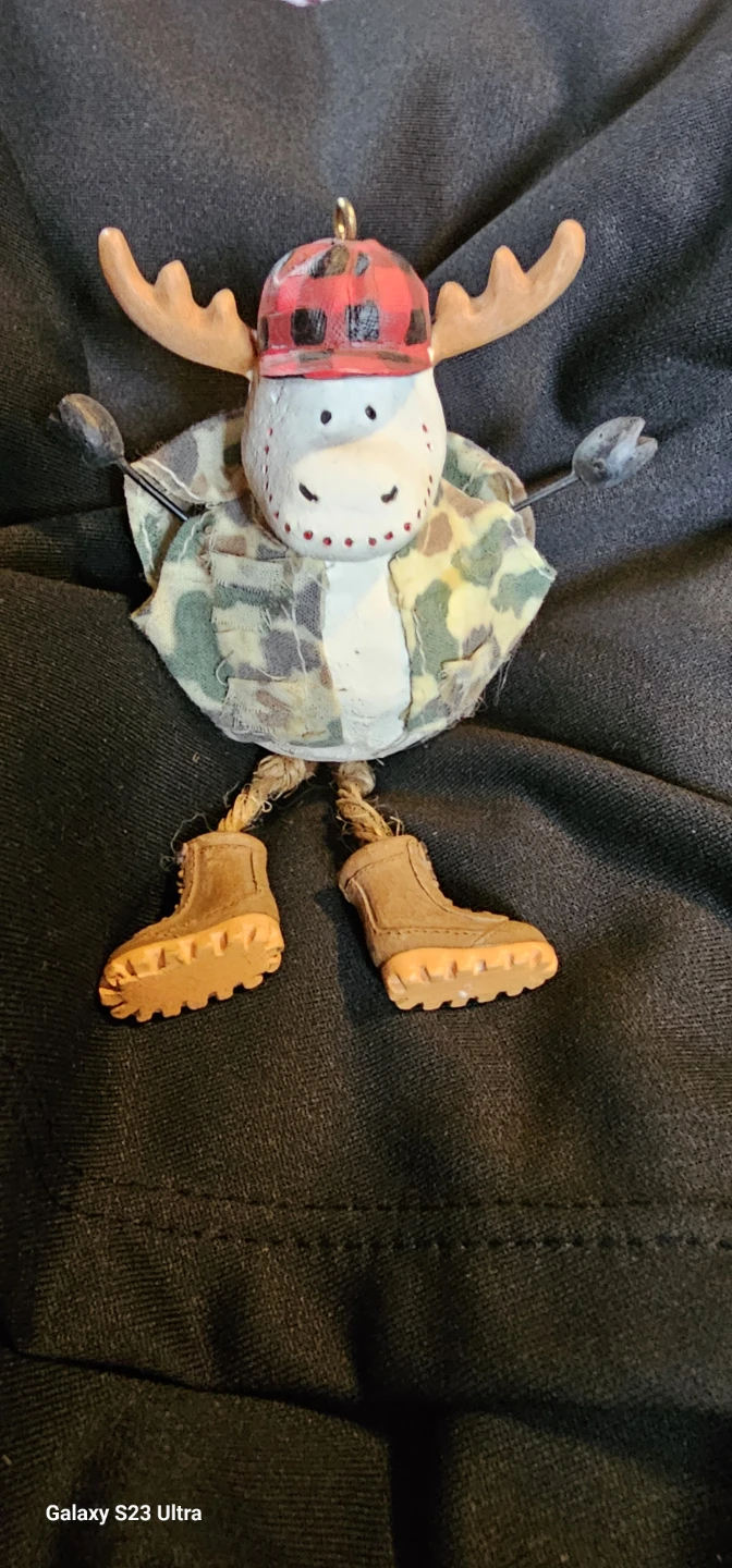 Handmade Moose Ornament with Red Plaid Hat and Boots