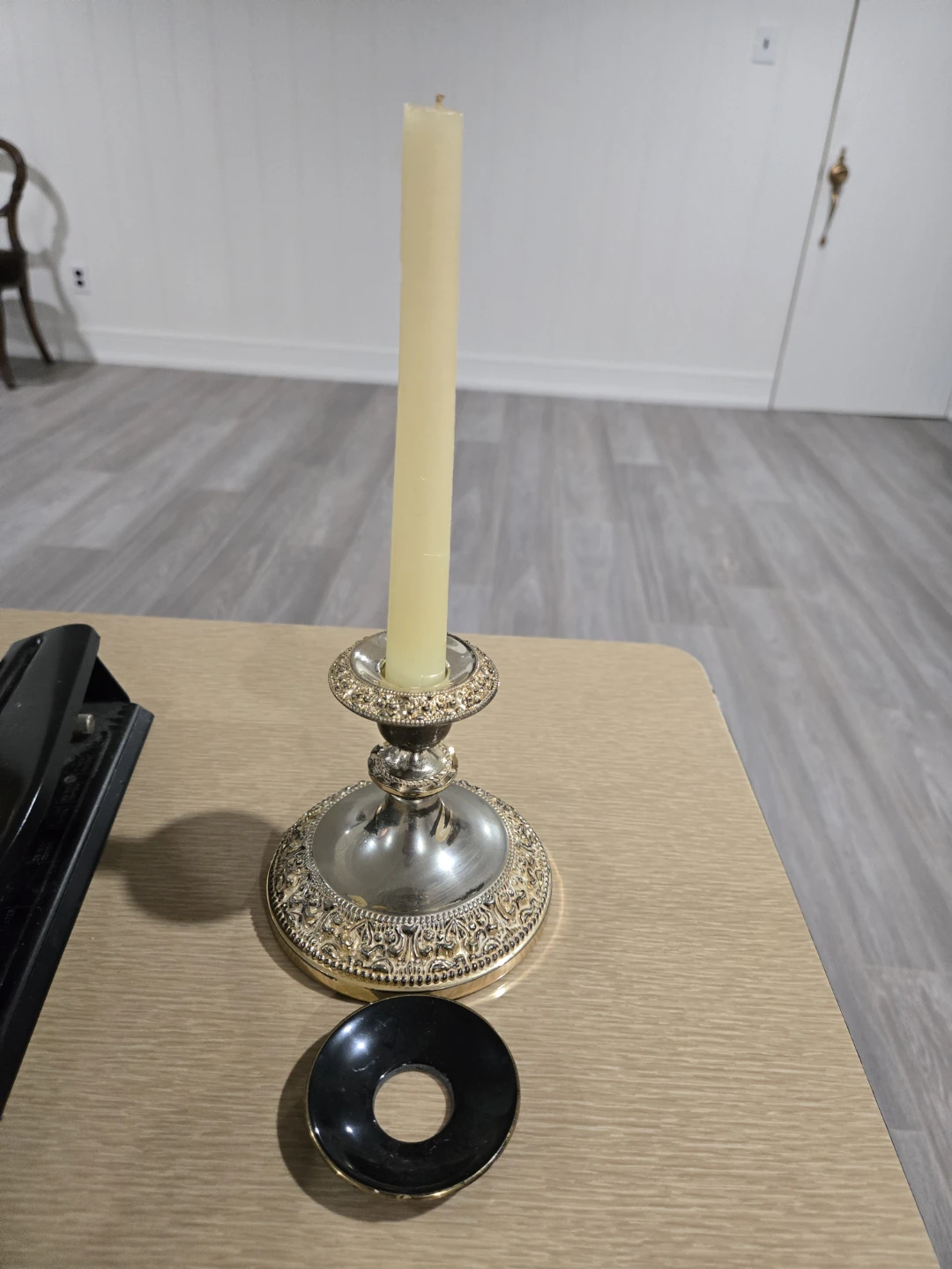 Ornate Silver-Tone Candlestick with Candle