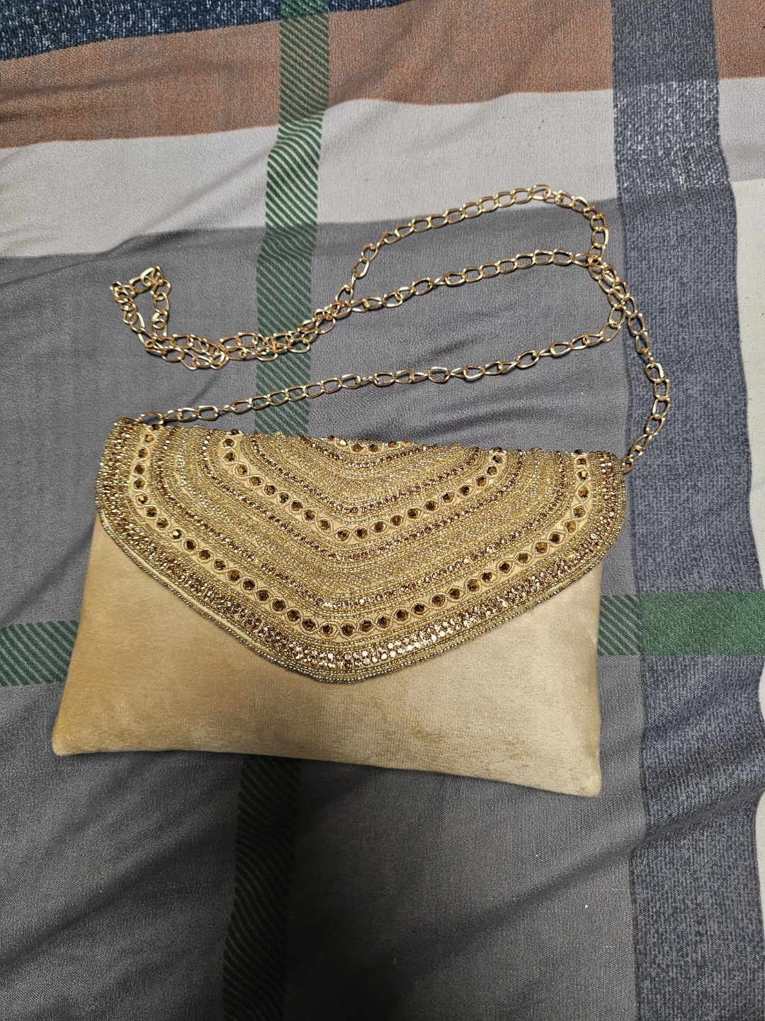 Gold Beaded Clutch Purse with Chain Strap