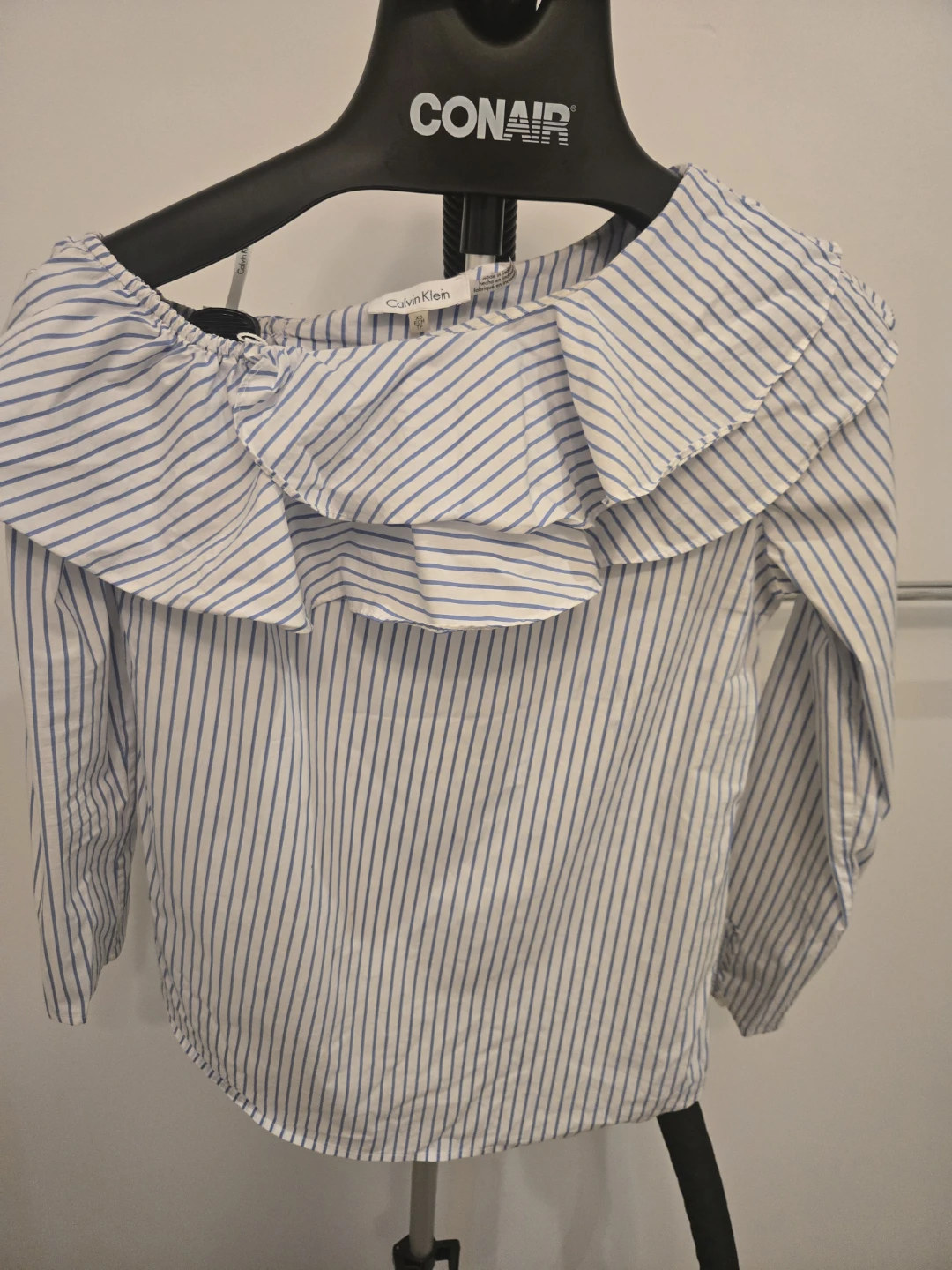 Calvin Klein Blue and White Striped Ruffle Blouse - XS