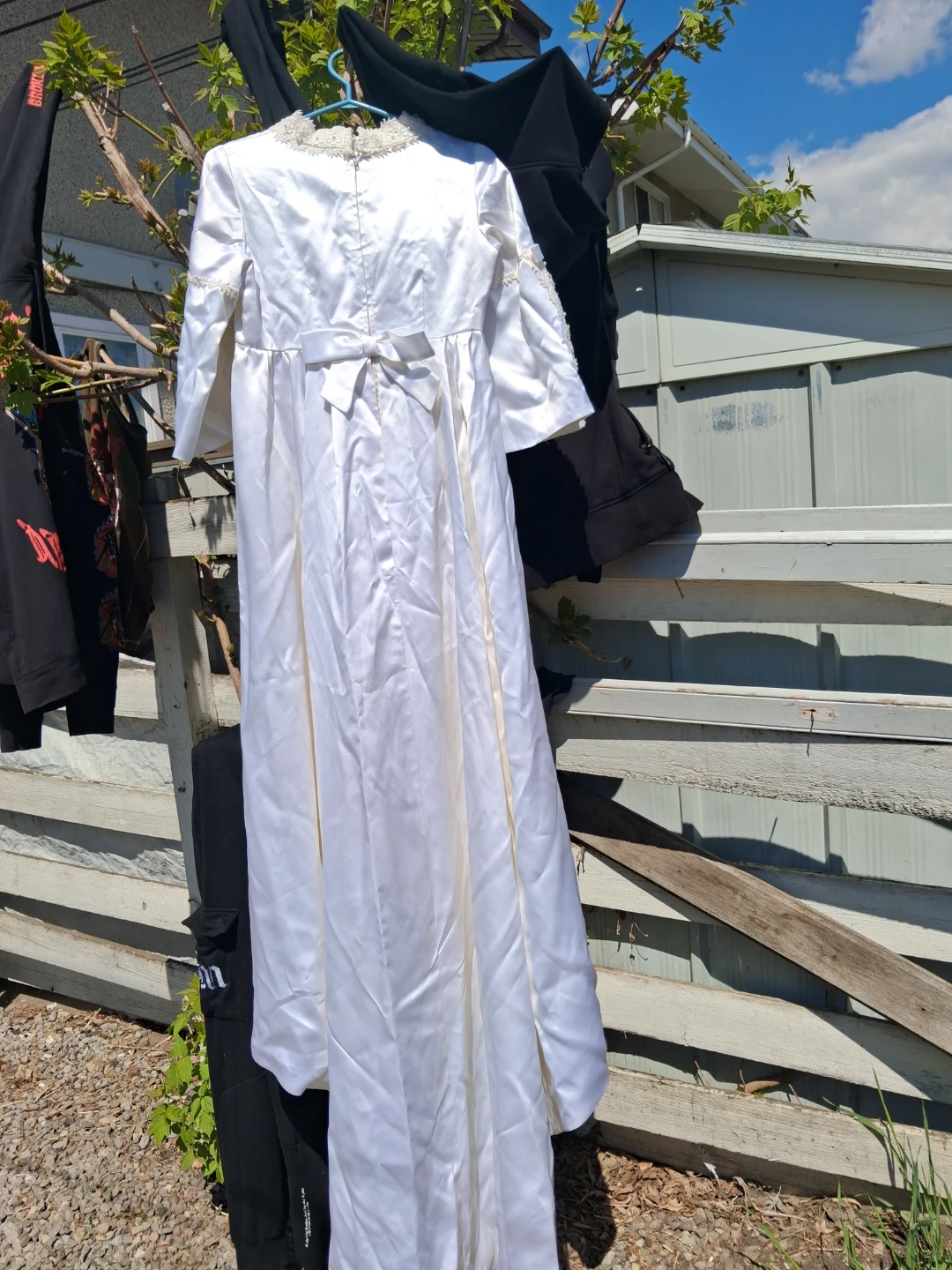 White Satin Flower womans Dress with Lace Trim