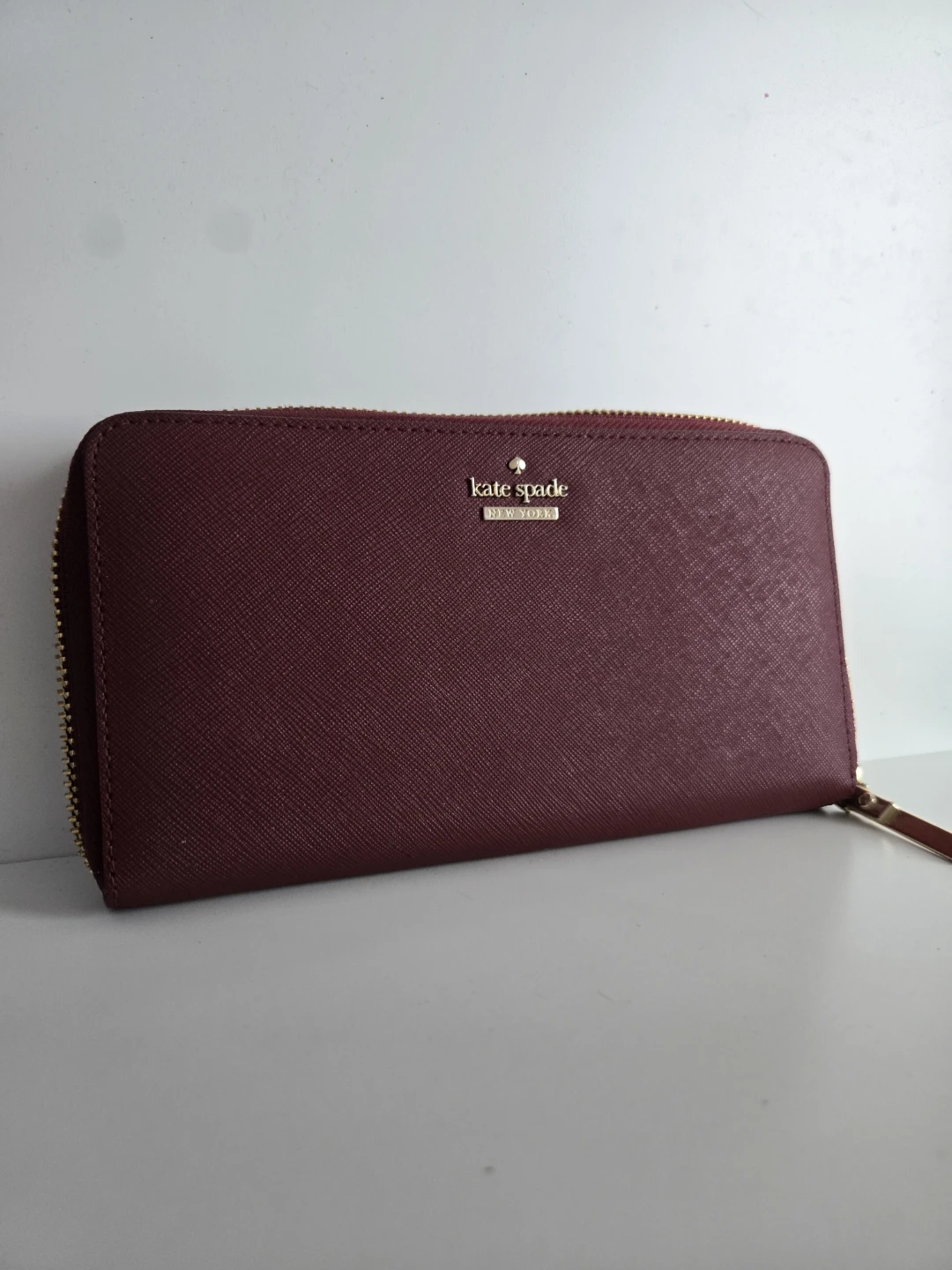 Kate Spade Burgundy Saffiano Leather Zip Around Wallet