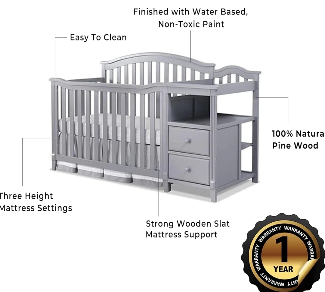 Grey Convertible Crib with Changing Station and Storage