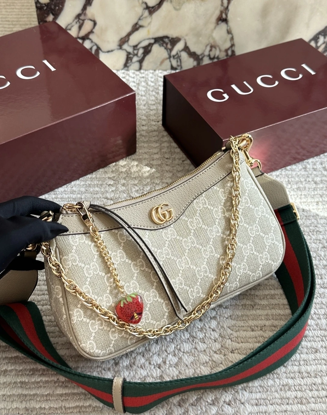 Gucci Ophidia GG Small Shoulder Bag with Strawberry Charm
