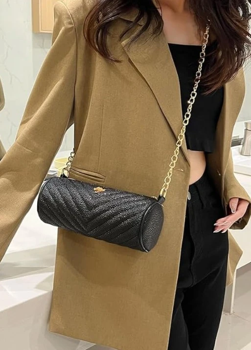 Black Barrel Bag with Gold Chain