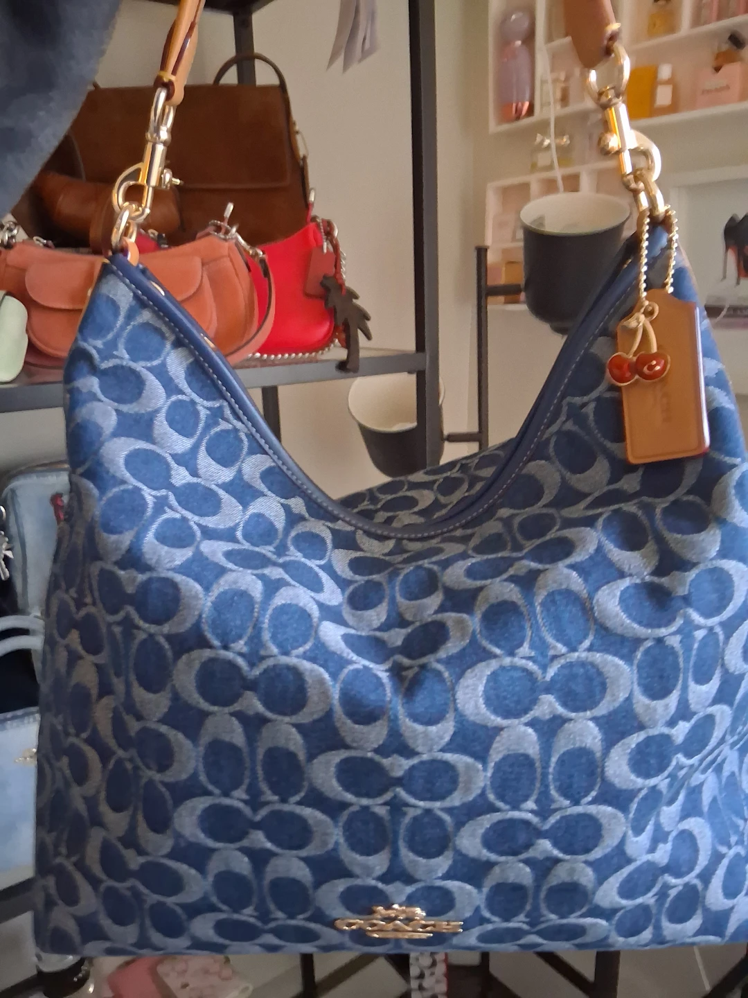Coach Denim Signature Laurel Bag with Cherry Charm