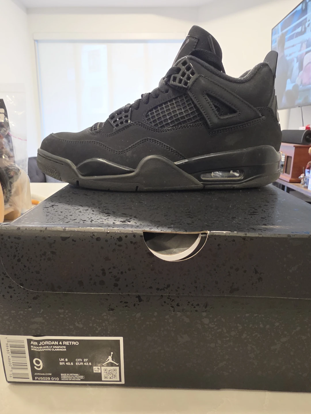 Air Jordan 4 Retro Black/Black-Lt Graphite Size 9
