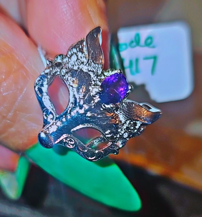 Silver Masquerade Mask Ring with Amethyst Gem