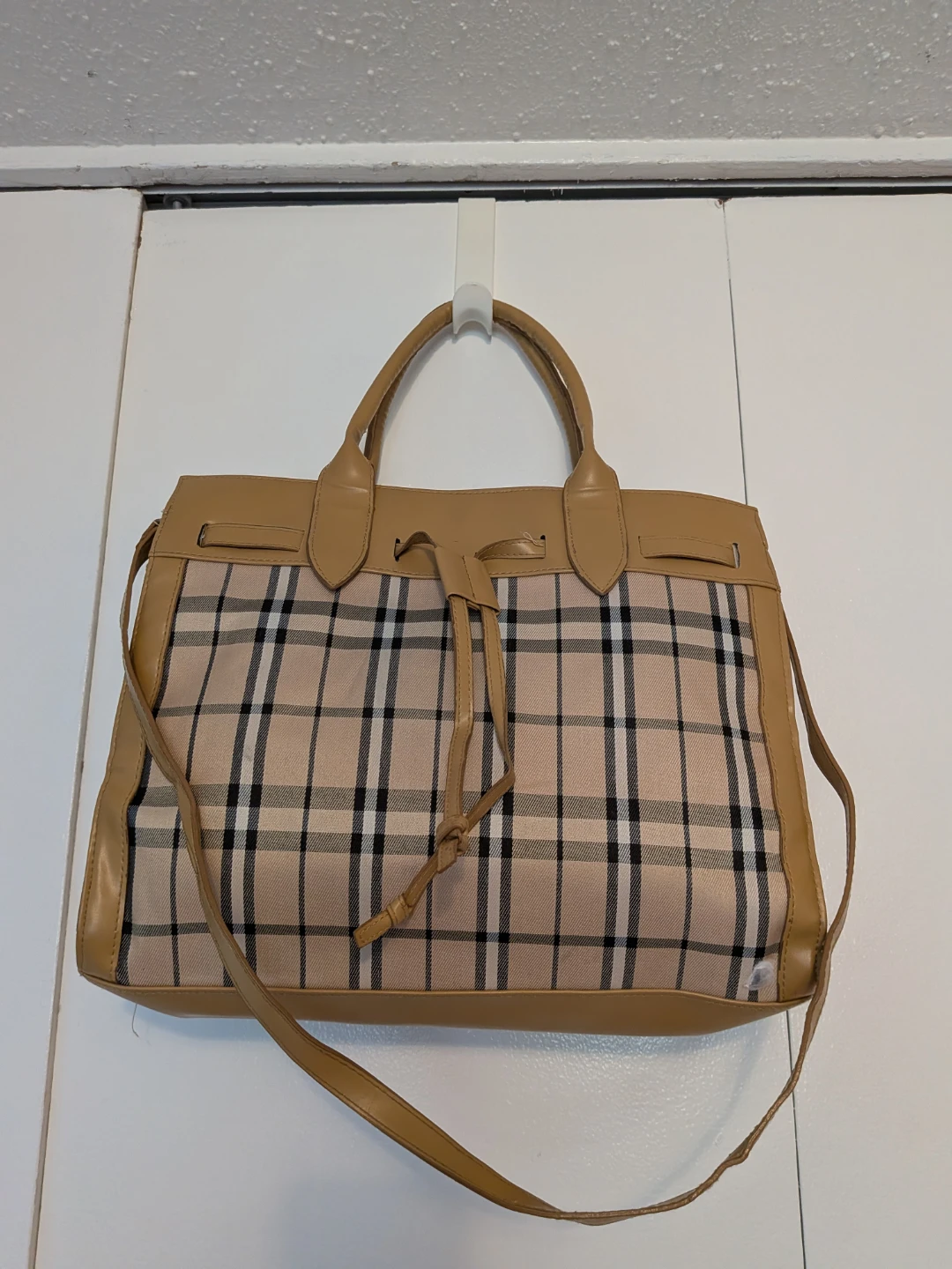 Tan Plaid Tote Handbag with Shoulder Strap