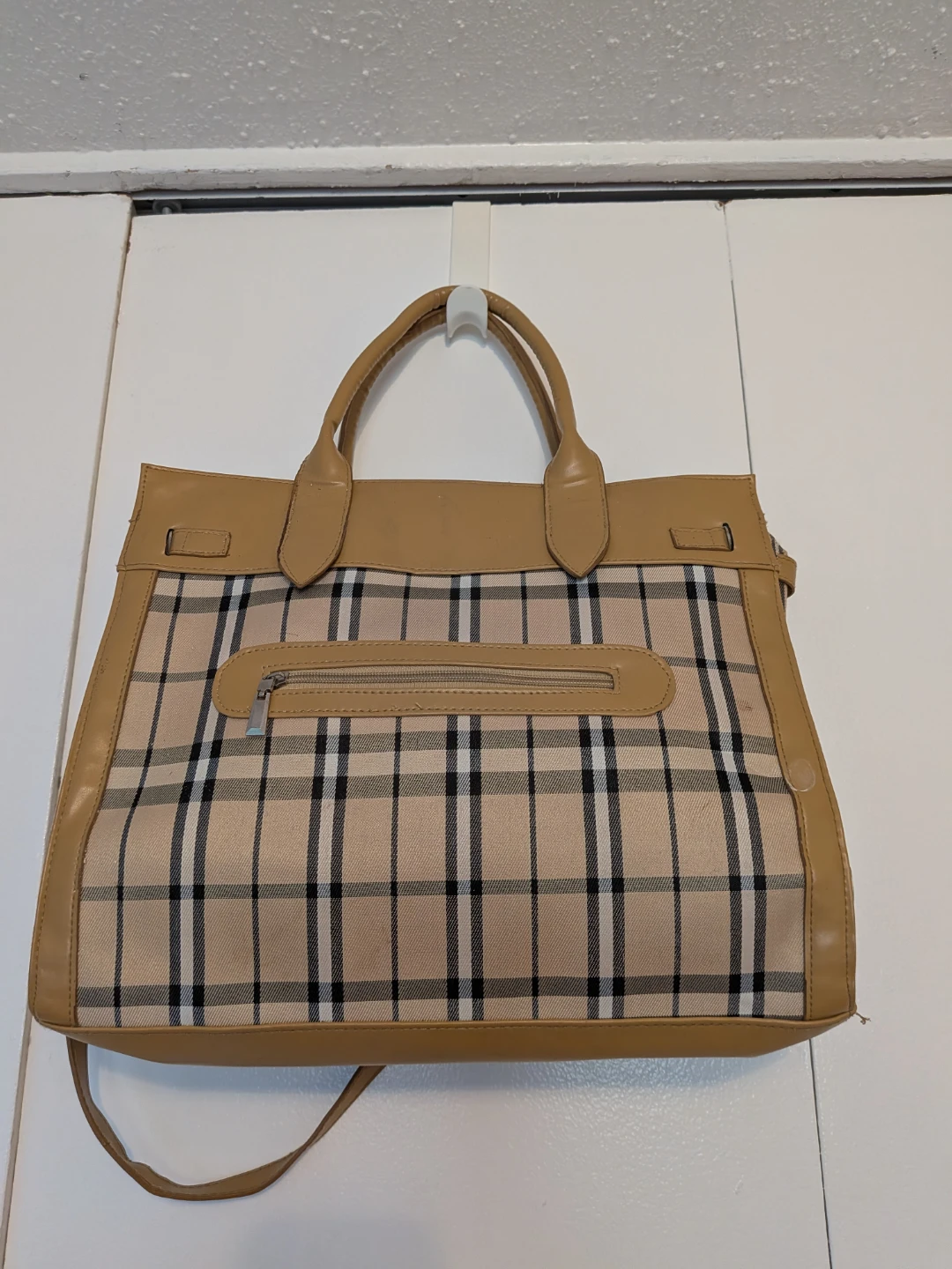 Tan Plaid Tote Handbag with Shoulder Strap - photo 2