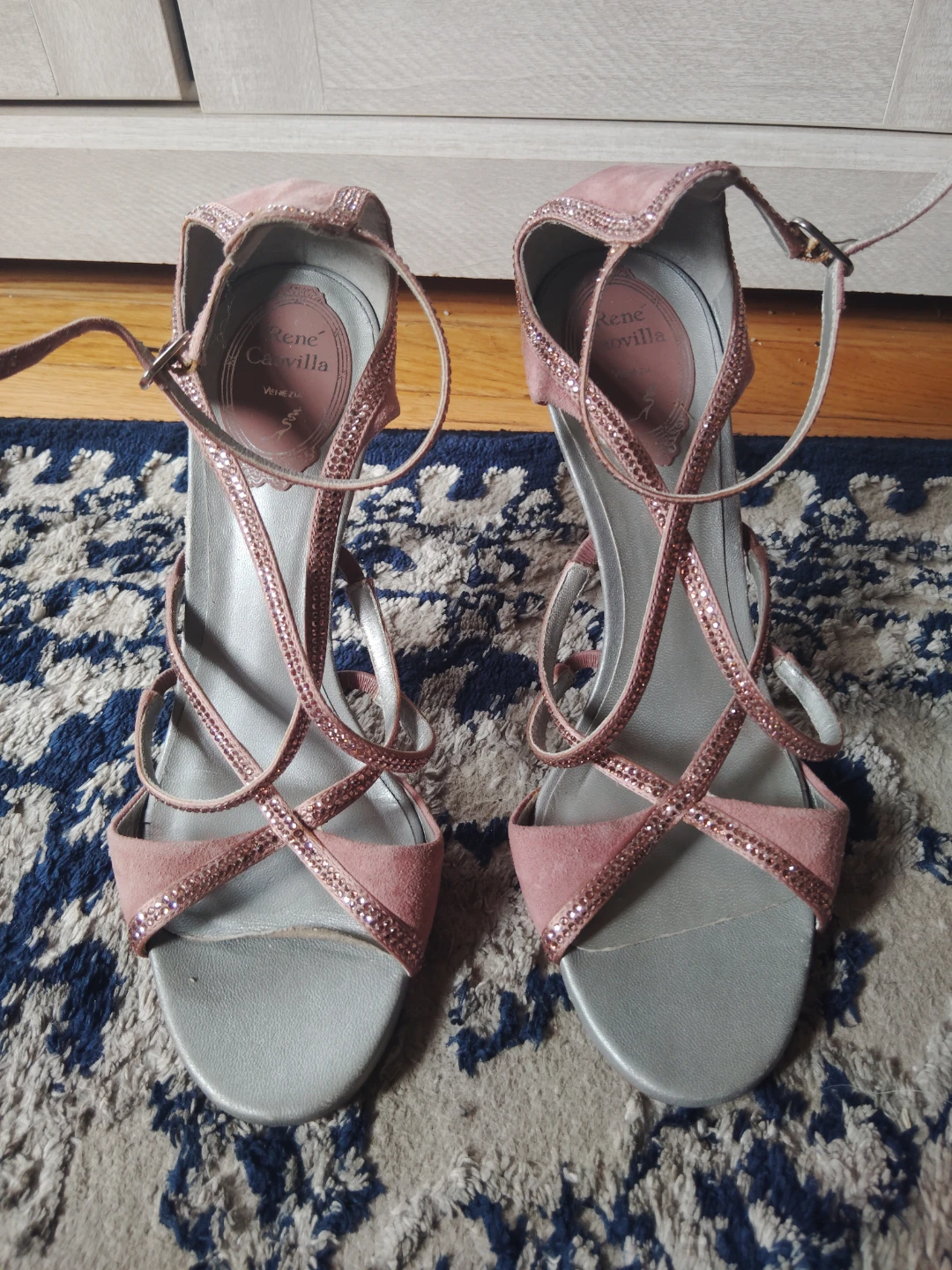 Rene Caovilla Pink Suede Crystal Embellished Strappy Heels