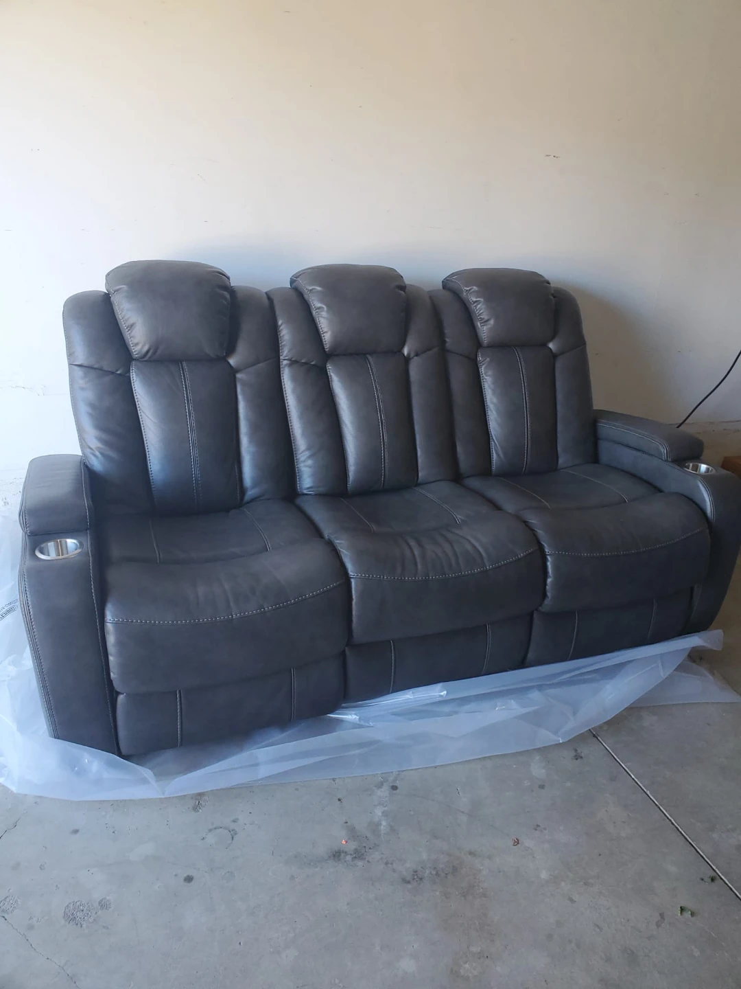 Grey 3-Seater Reclining Sofa with Cup Holders