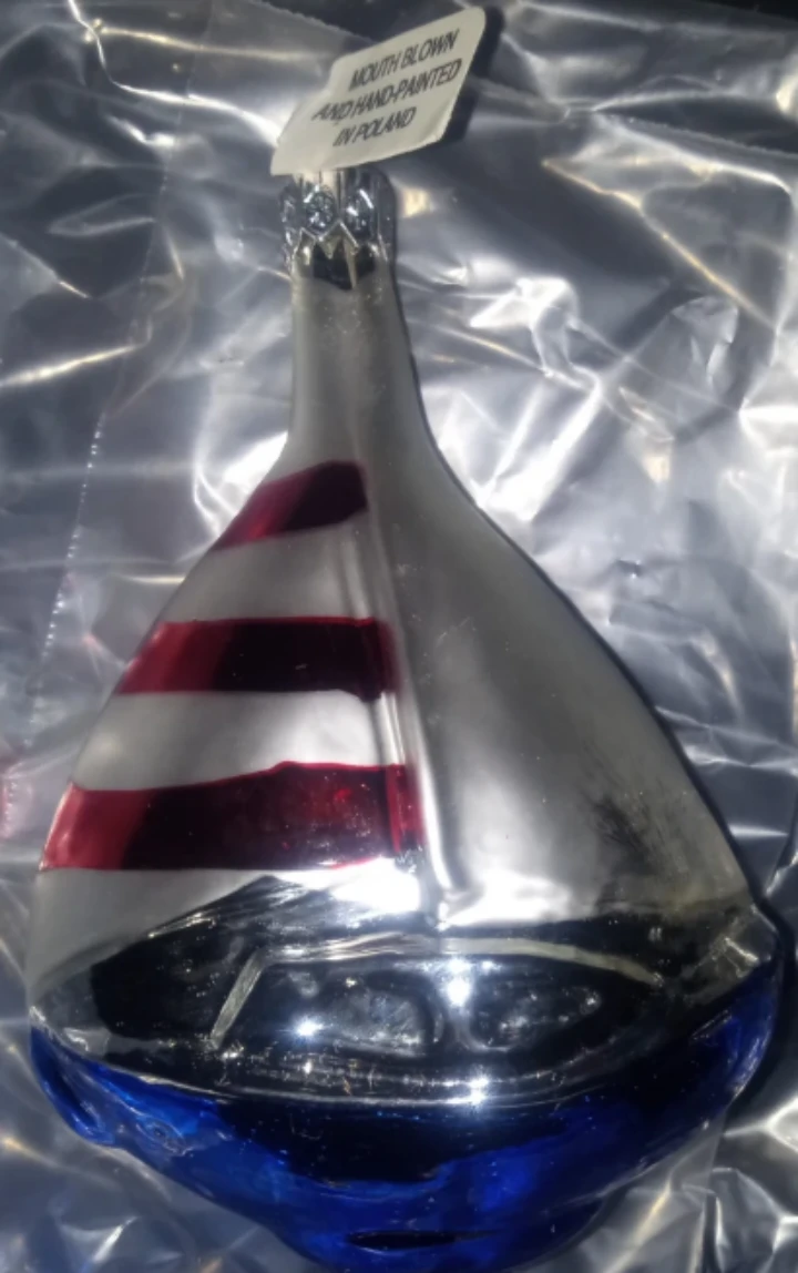 Mouth Blown Hand-Painted Sailboat Christmas Ornament