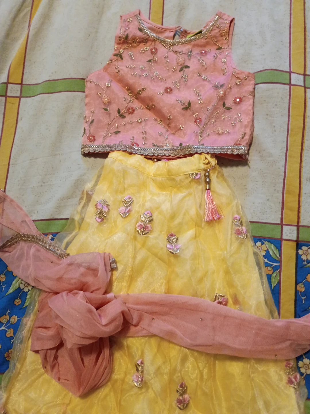 Kids Pink and Yellow Embroidered Lehanga Choli Set with Dupatta - photo 2