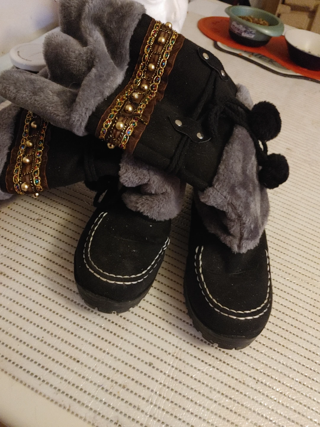 Black Fur Lined Winter Boots with Embellishments