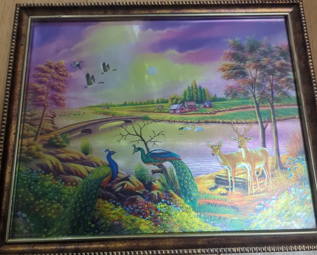 Beautiful serene landscape painting with animals.