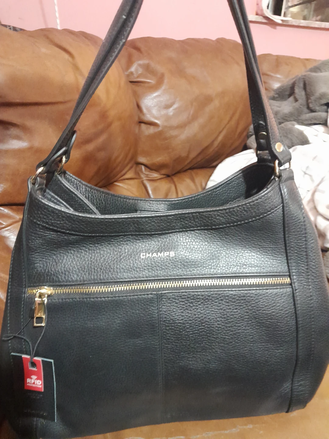 Champs Black Leather Hobo Bag with RFID Protection