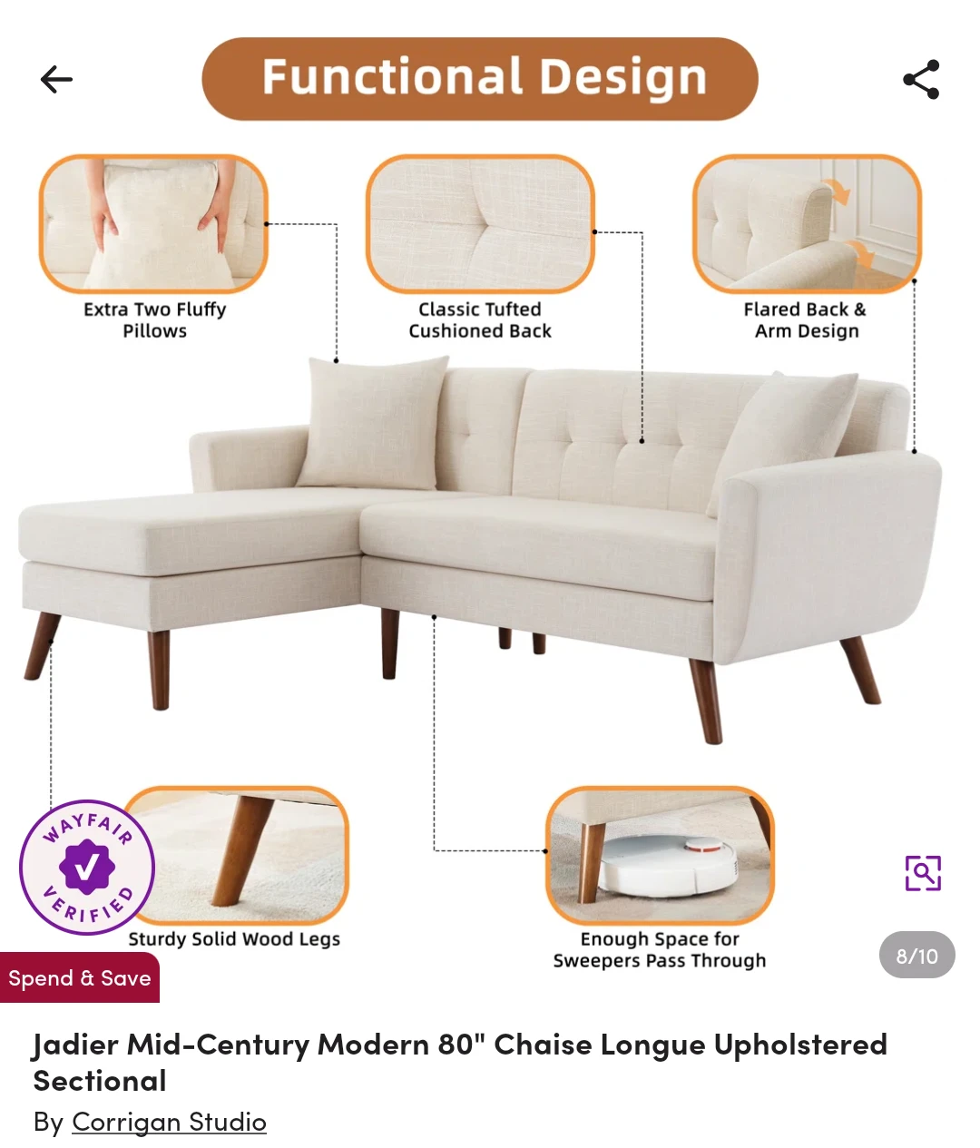Corrigan Studio "Jadier" 80" Chaise Longue Sectional Sofa