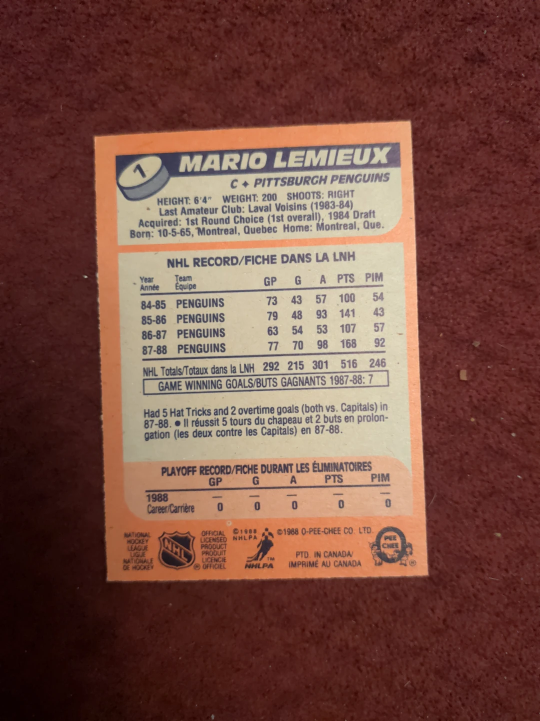 1988 O-Pee-Chee Mario Lemieux Hockey Card - photo 2