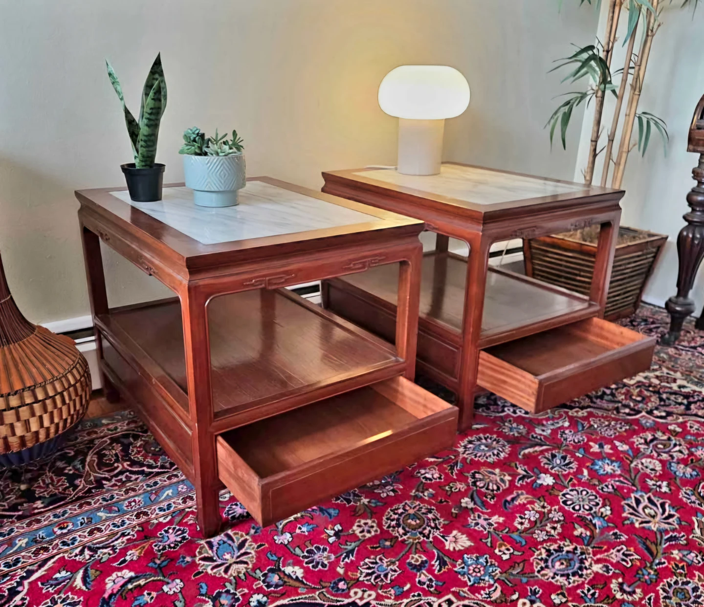 Pair Of Rosewood End Tables With Marble Tops (Price For Both)