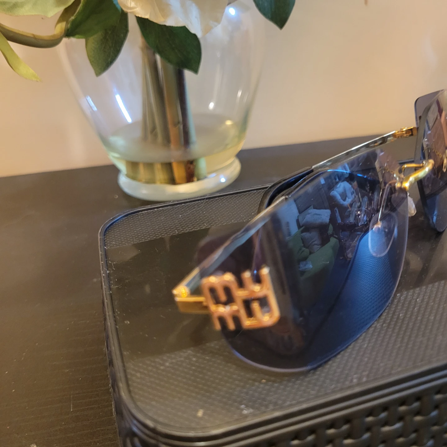 Rimless Shield Sunglasses Gold Accents