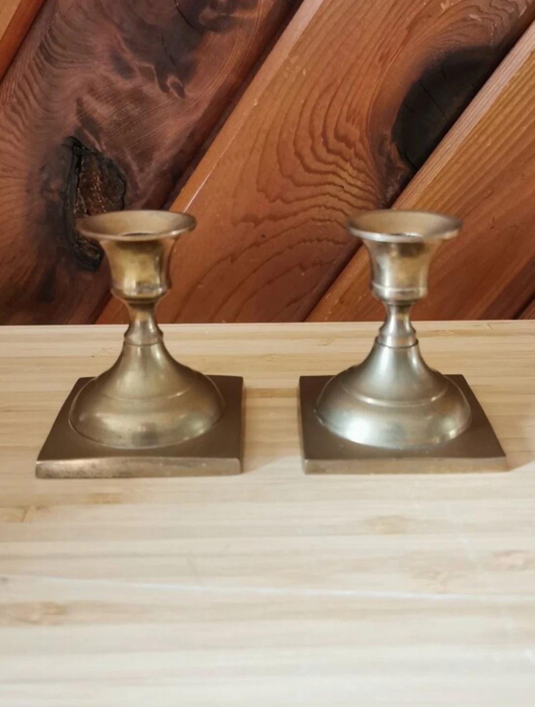 Pair of Small Vintage Brass Candle Holders With Square Base