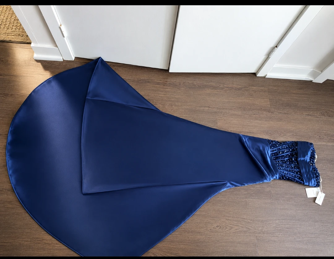Navy Blue Beaded Strapless Gown