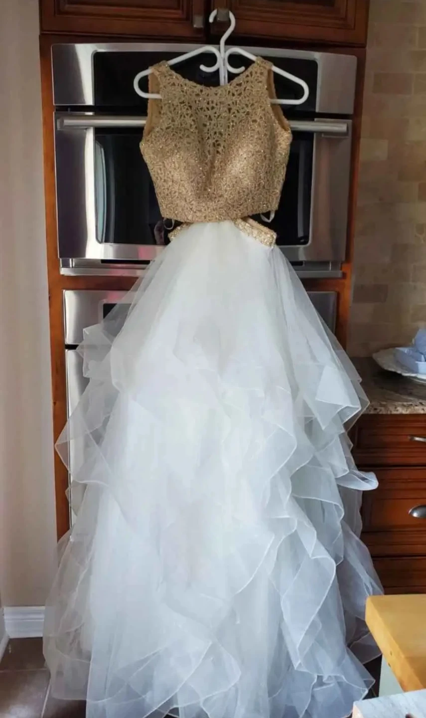 White Formal Dress with Gold Beaded Bodice