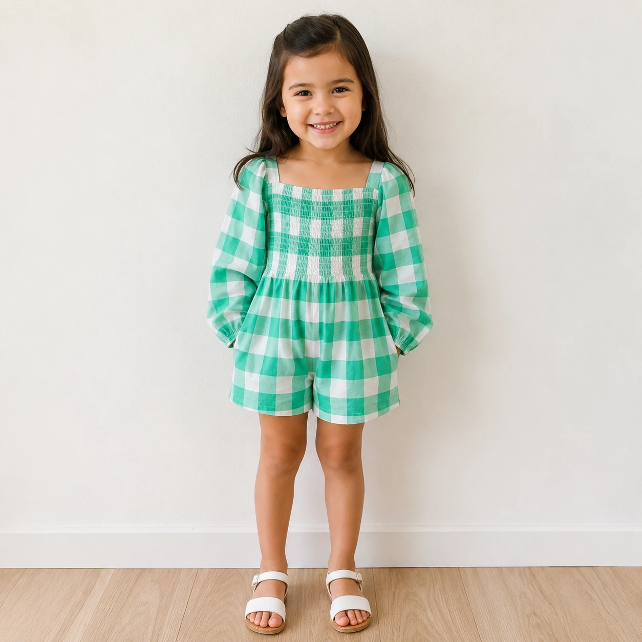 Janie and Jack Green Gingham Smocked Romper Size 5