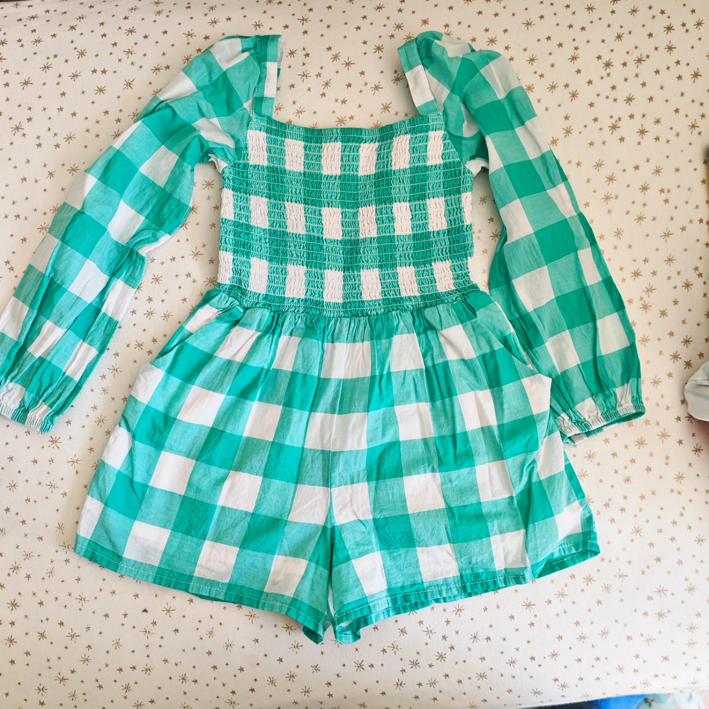 Janie and Jack Green Gingham Smocked Romper Size 5 - photo 3
