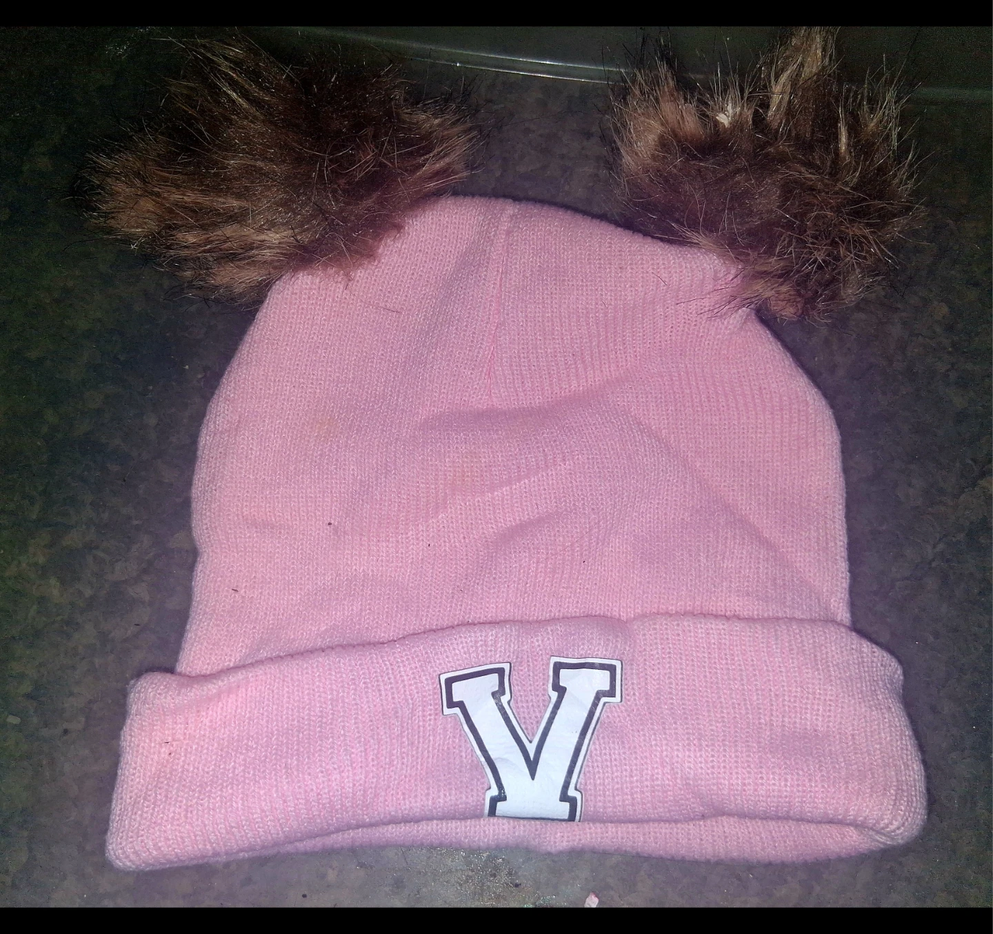 Pink Pom Pom Beanie with V Logo
