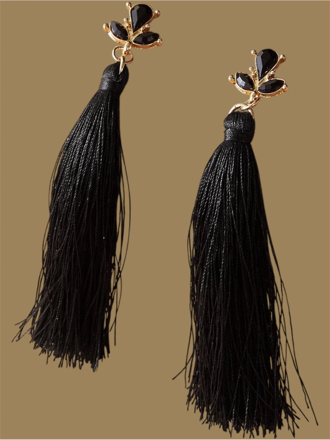 Black Tassel Drop Earrings with Gold Accents - photo 2
