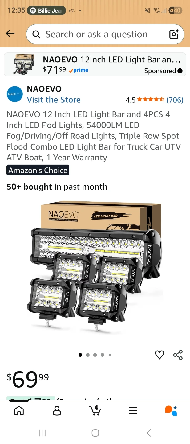NAOEVO 12 Inch LED Light Bar and 4 Pod Lights Set