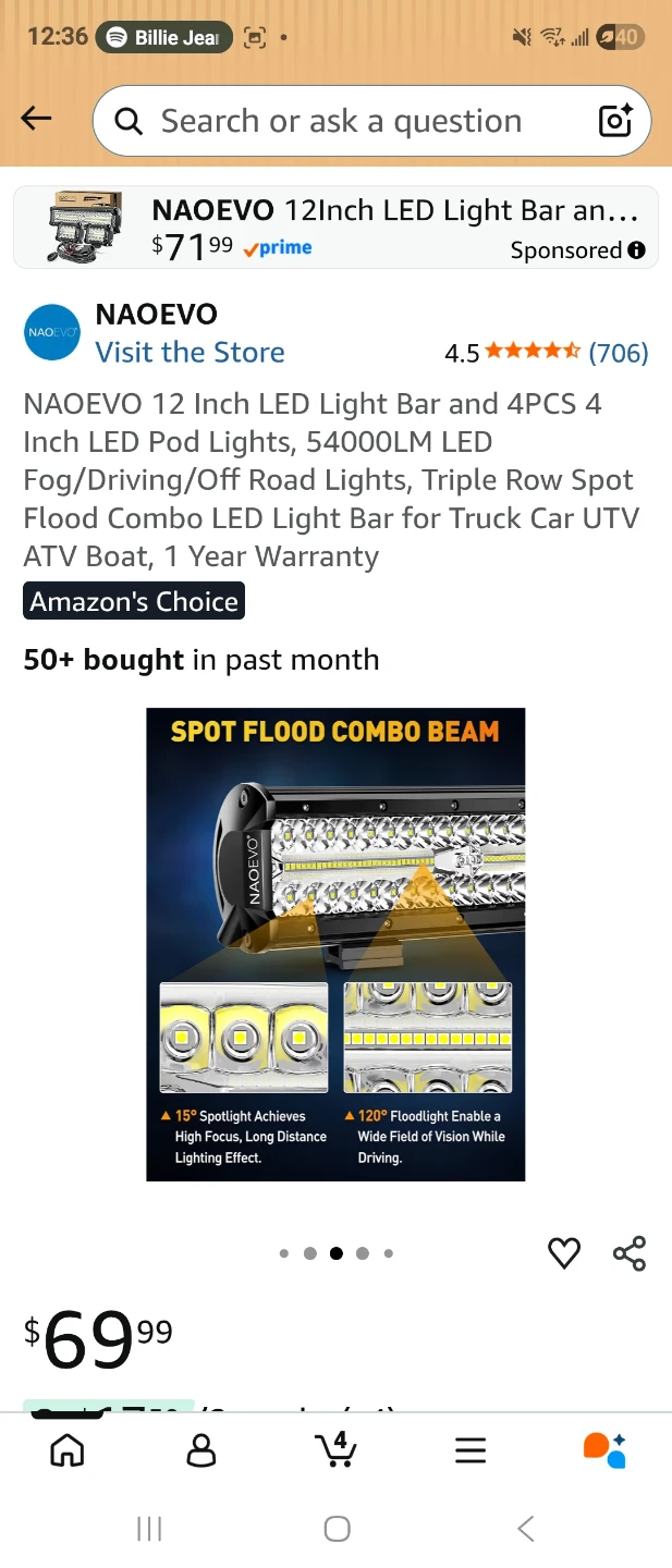 NAOEVO 12 Inch LED Light Bar and 4 Pod Lights Set - photo 2