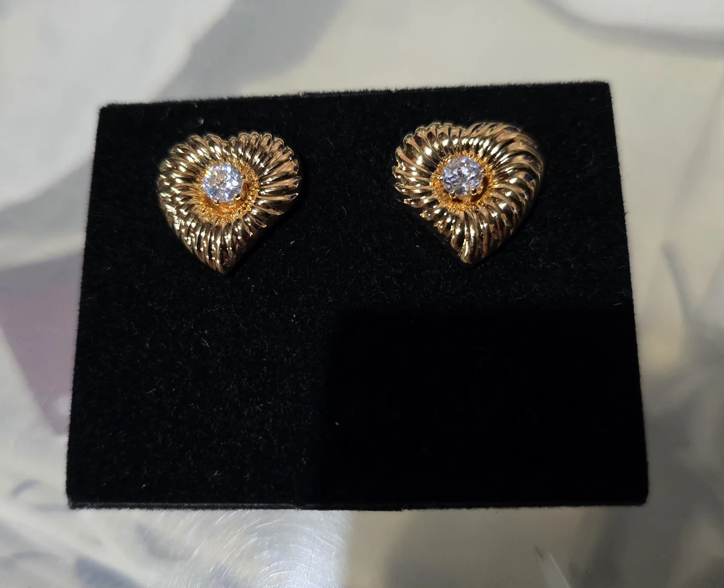 Gold Heart Stud Earrings with Clear Stones