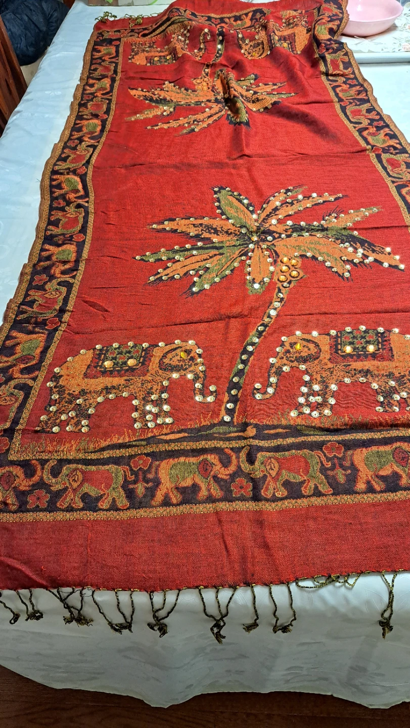 Decorative Shawl with Palm Tree and Elephants