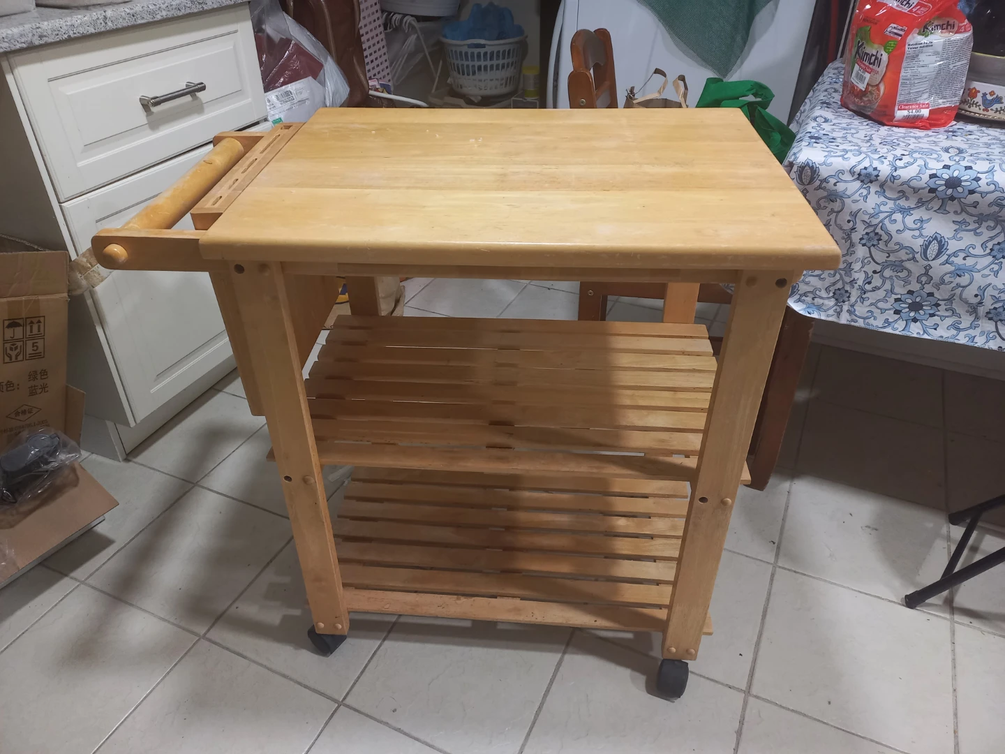 Wooden Kitchen Cart with Shelves and Wheels