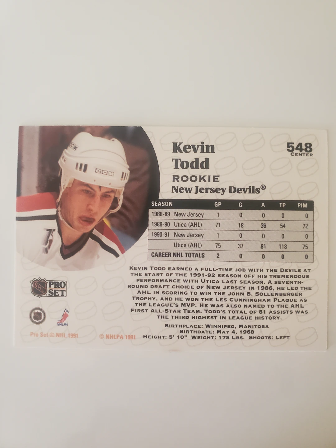 1991 Pro Set NHL Hockey Card - Kevin Todd Rookie - photo 2