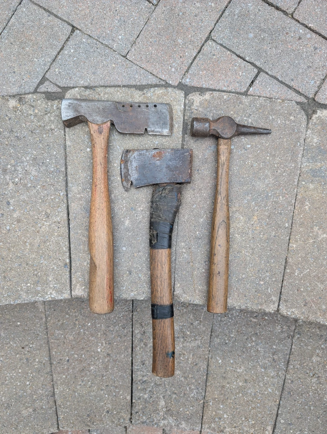 3 Vintage Hatchet Axes and Gray Hammer