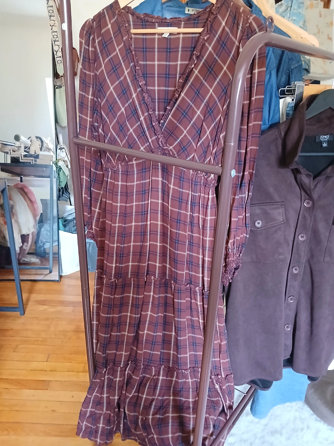 Brown Plaid Long Sleeve Midi Dress