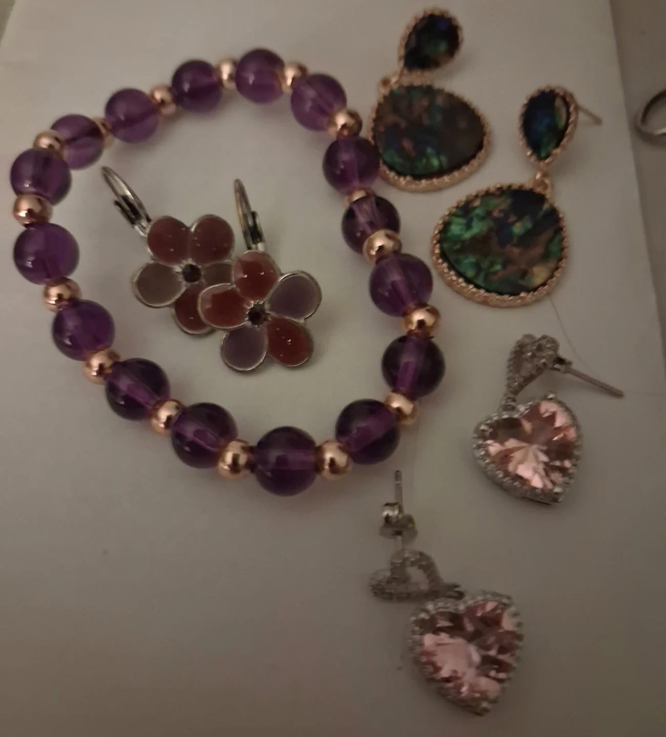 Purple Beaded Bracelet and Assorted Earrings Set