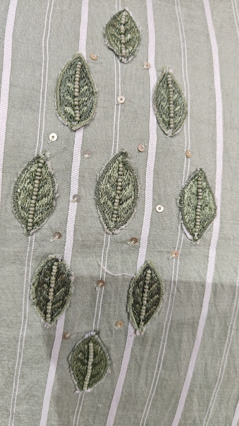 Light Green Striped Kurti with Leaf Embroidery - photo 5