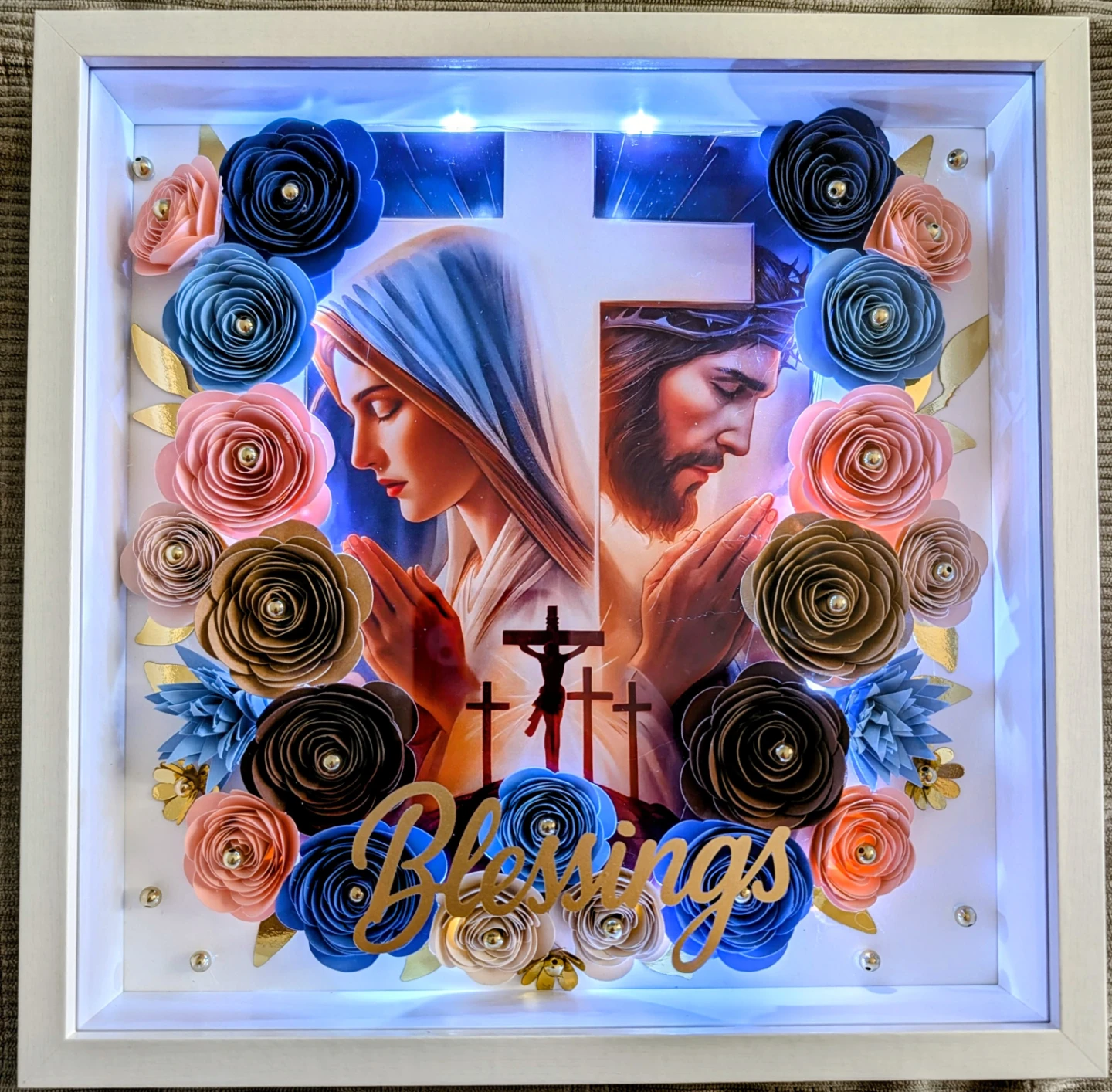Lighted Religious Shadow Box with Flowers